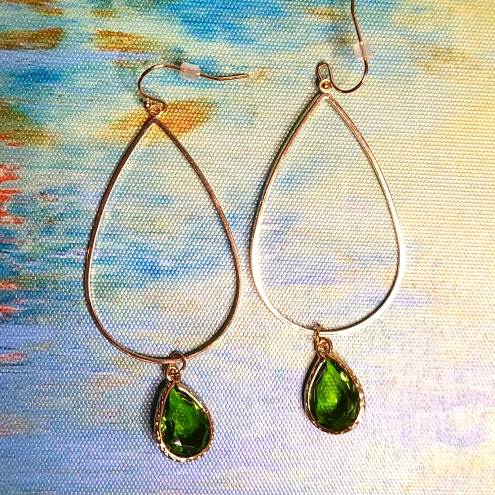 Gold Loop Earrings W/ Green Jewels